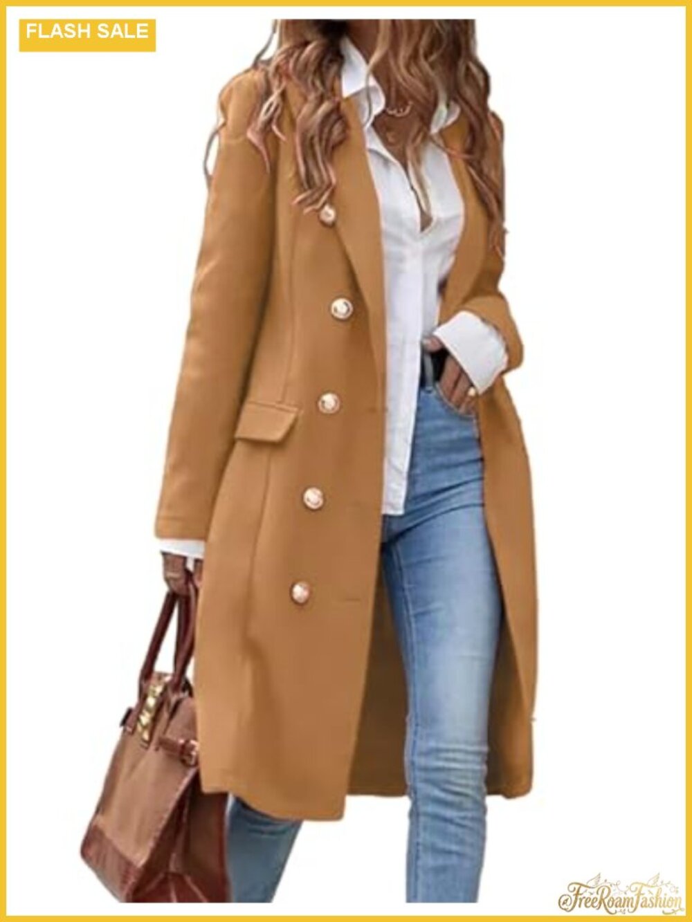 Long Wool Coat for Women Double Breasted Notch Lapel Winter Trench